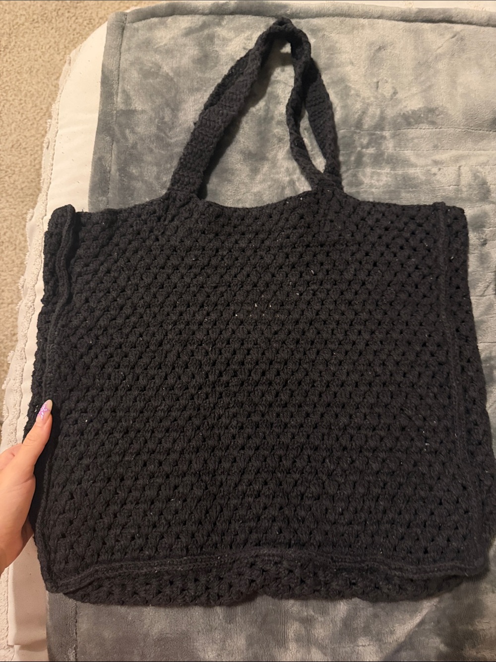 Black Crochet Tote Bag with Double Shoulder Straps